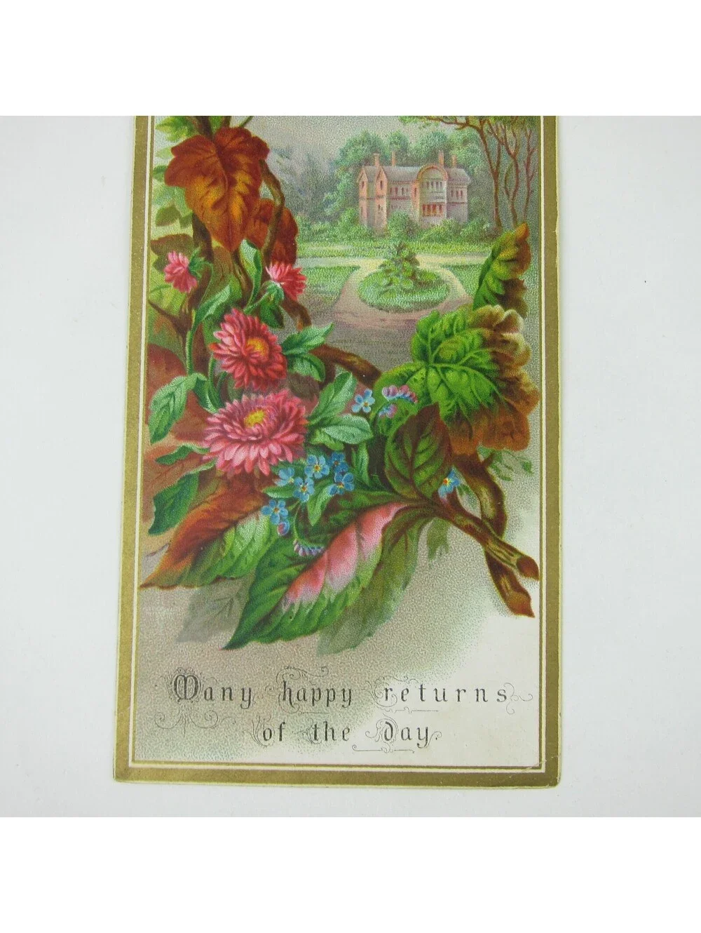 Victorian Greeting Card Georgian House Mansion Pink Flowers Leaves Happy Returns
